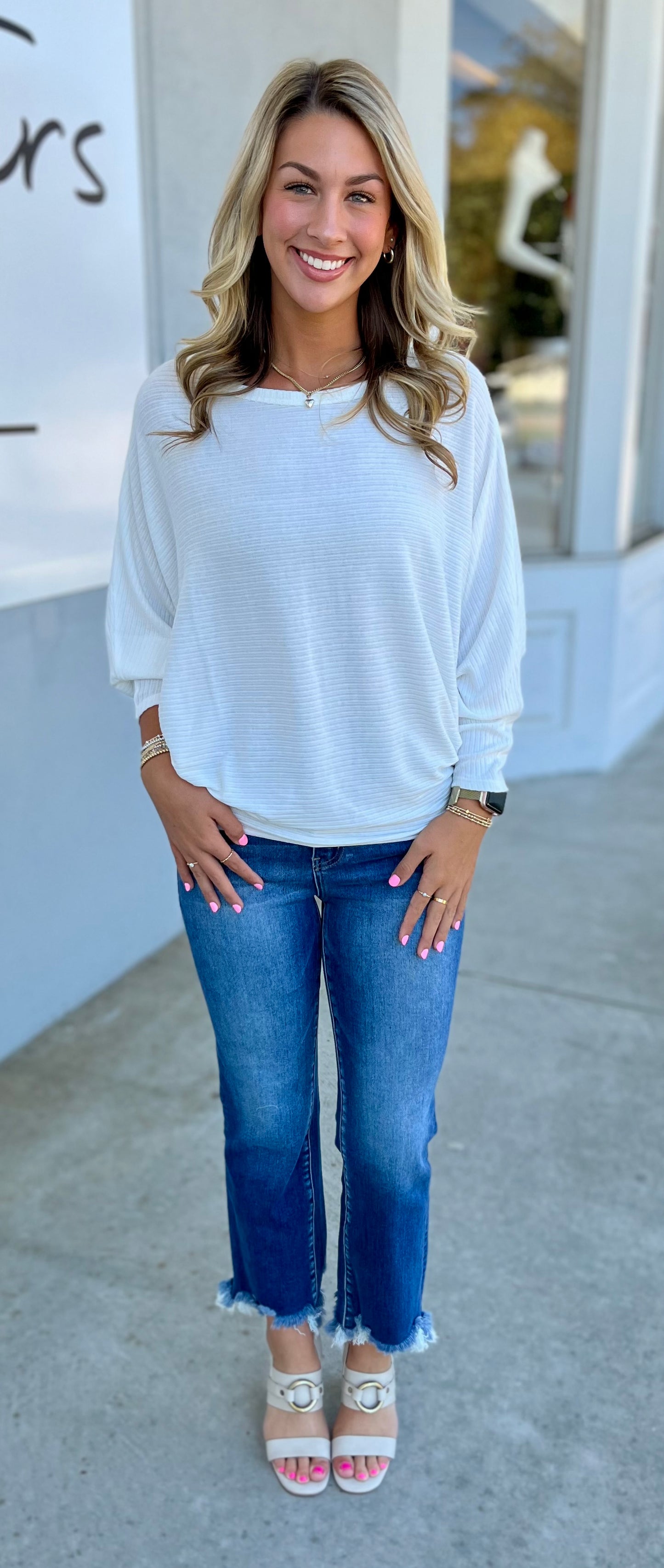 Ribbed Batwing Boat Neck Sweater, Ivory