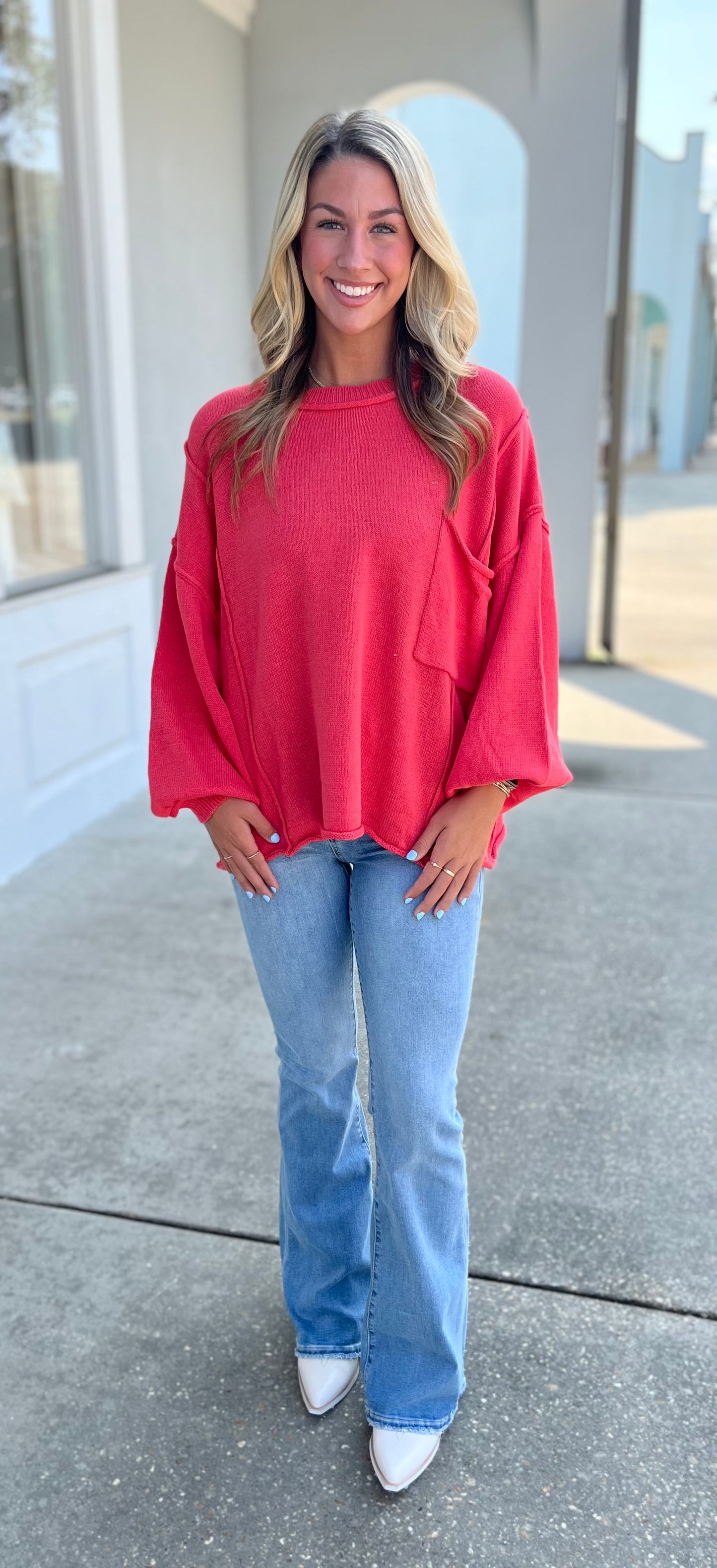 Red Coral Over Size Sweater With Pocket