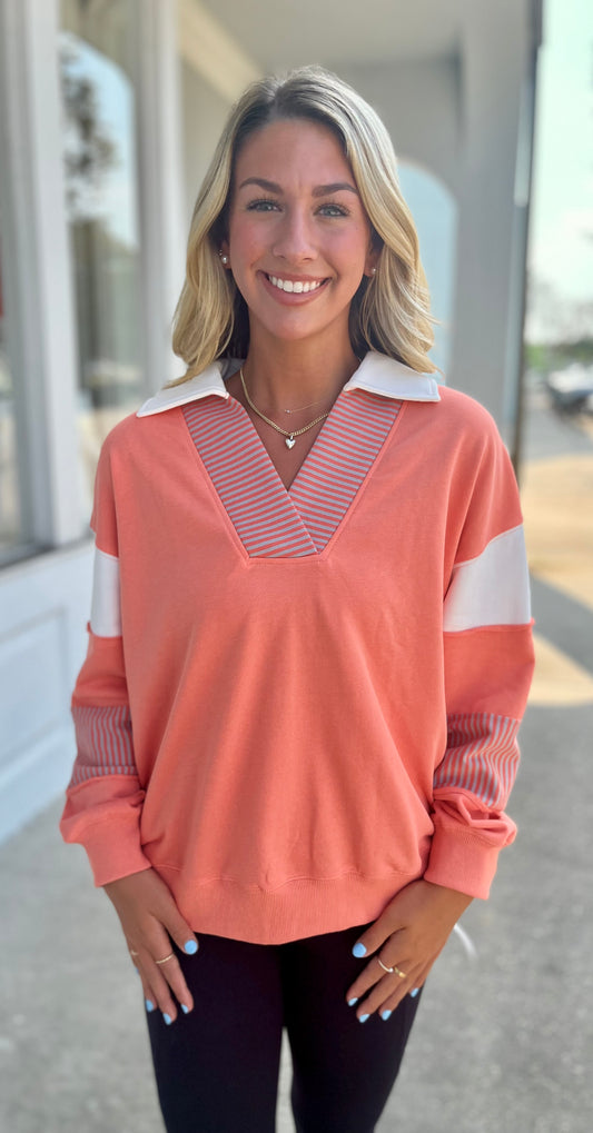 Peach Coral Color Block French Terry Sweatshirt