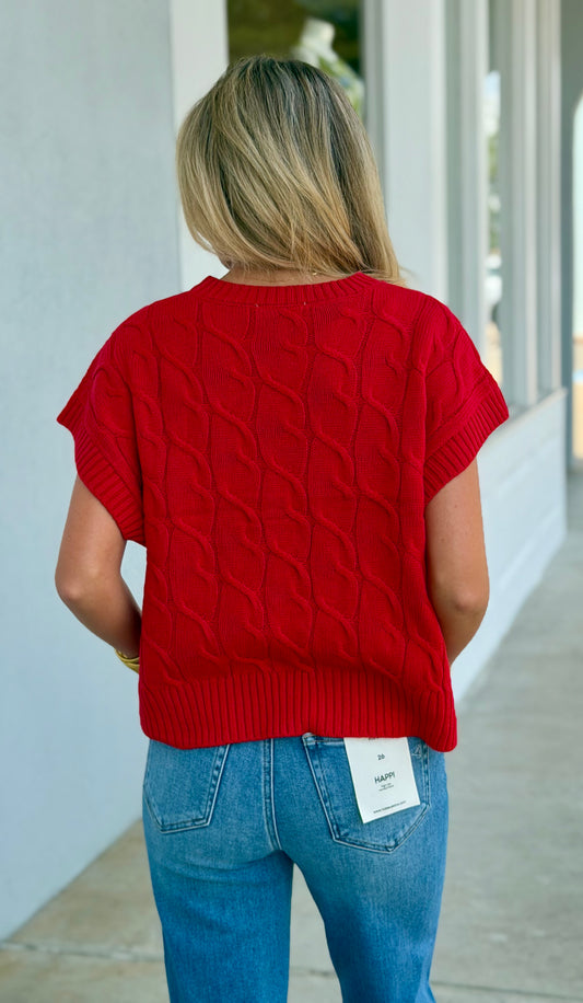 Cable Knit Cap Sleeve Sweater Top, Red