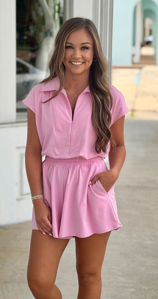 Butter Soft Collar Tennis Romper, Sugar Pink