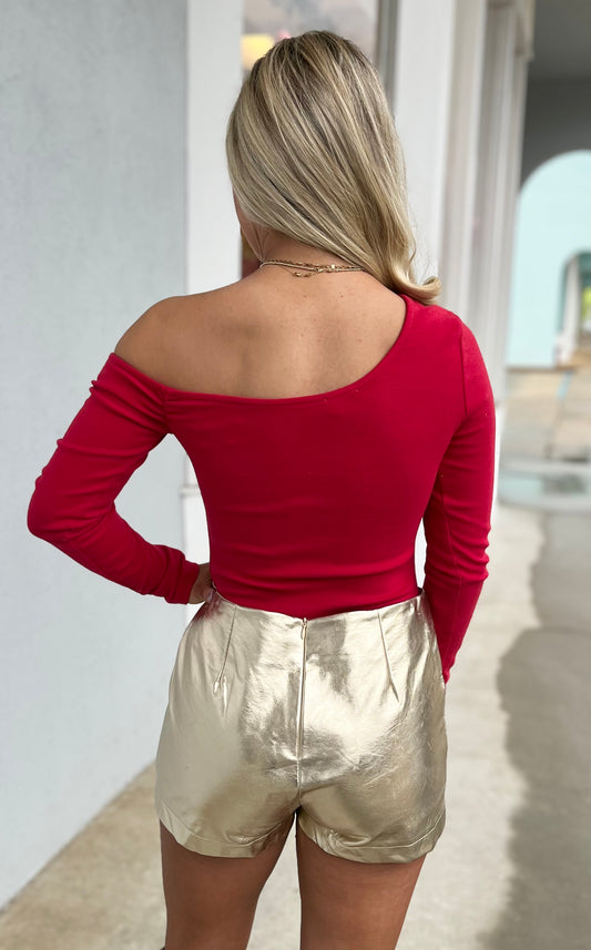 Red One Shoulder Long Sleeve Bodysuit