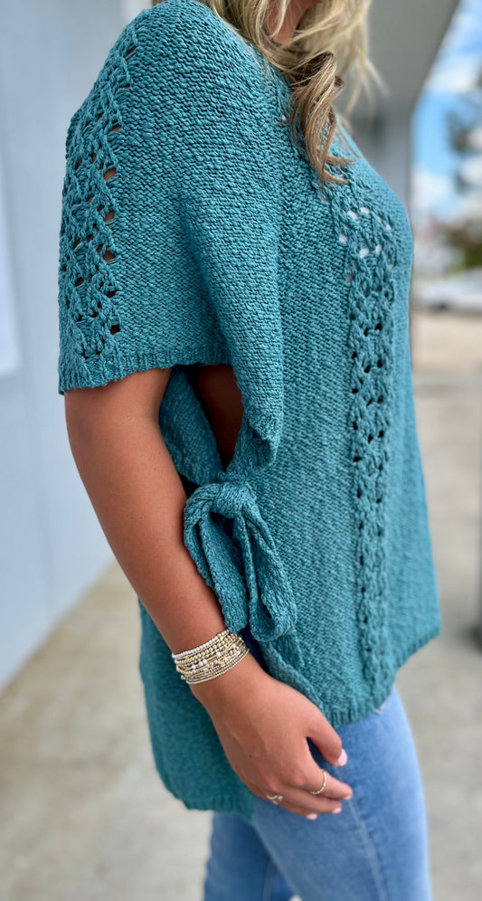Half Sleeve Knitted Sweater , Faded Teal