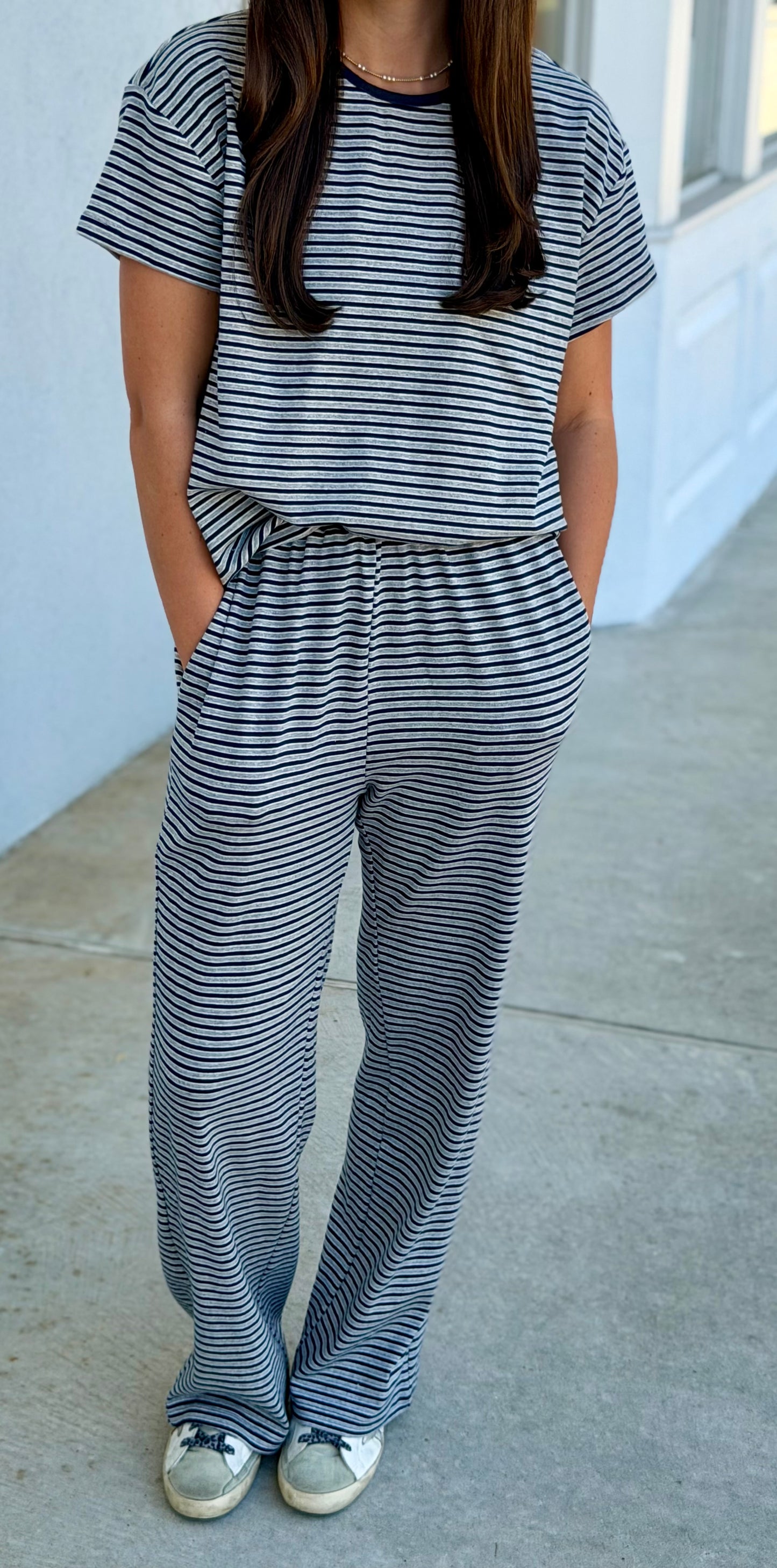 Grey/Navy Striped Tee and Pant SET