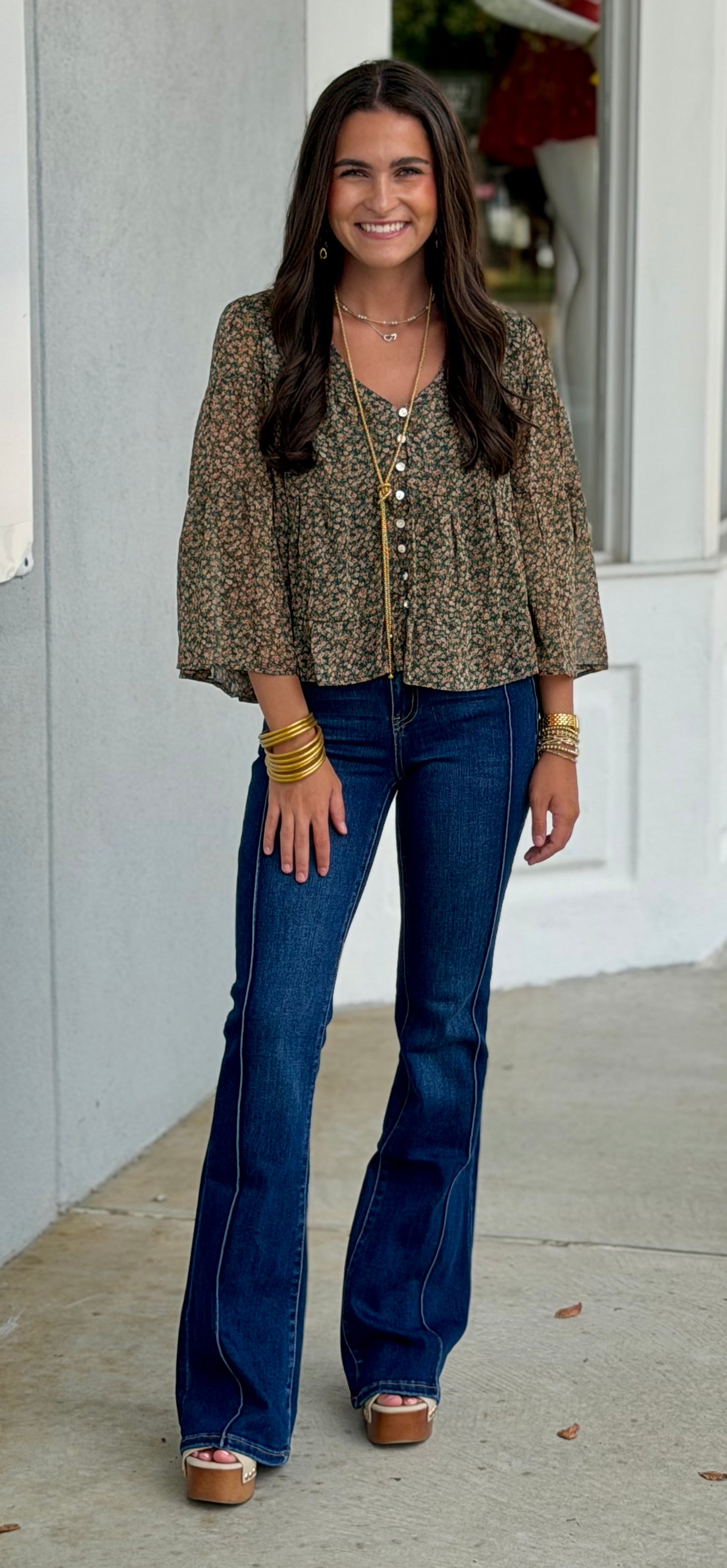 Teal/Clay Ditsy Floral Tiered Blouse