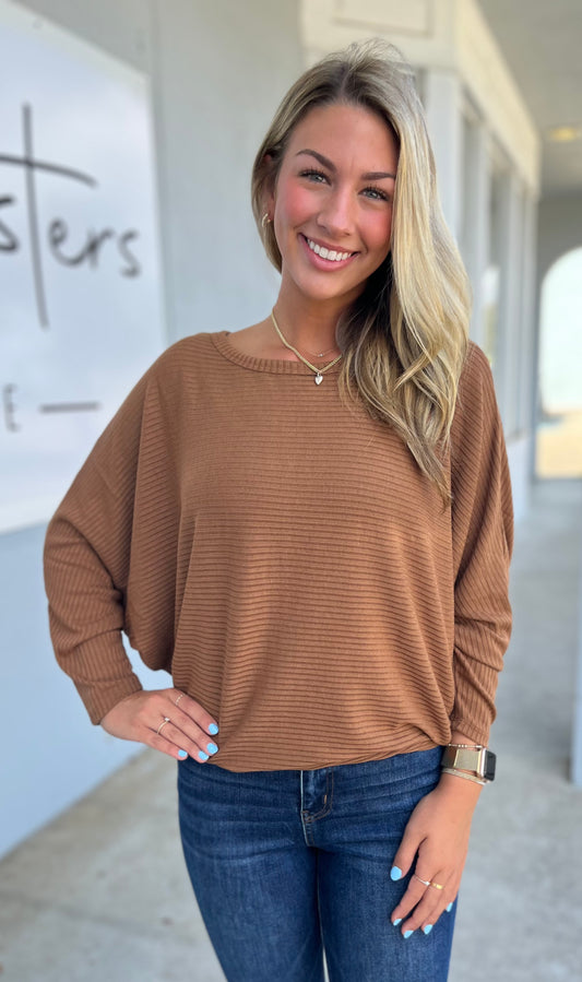 Ribbed Batwing Boat Neck Sweater, Deep Camel