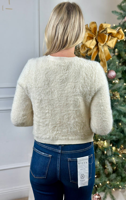 Cream Gold Button Fuzzy Cardigan