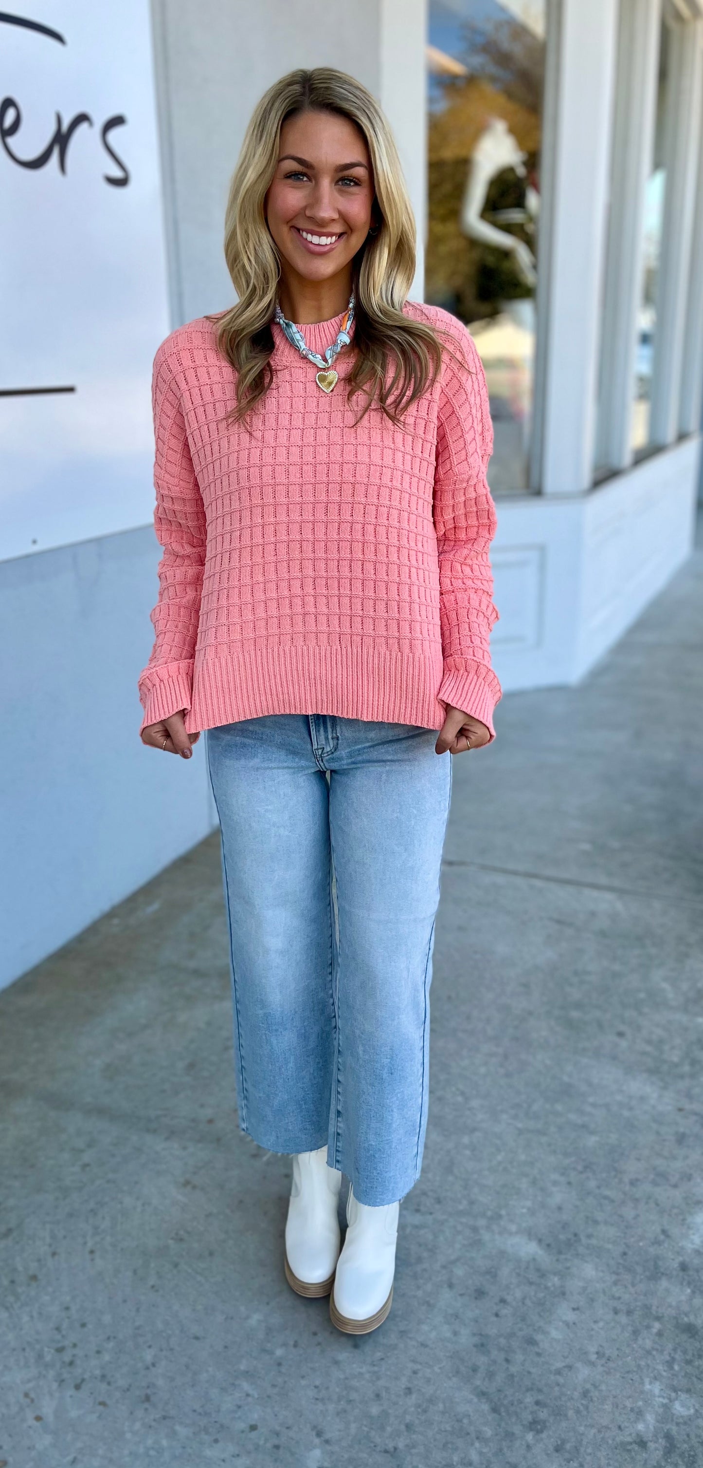Textured Knit Sweater, Coral