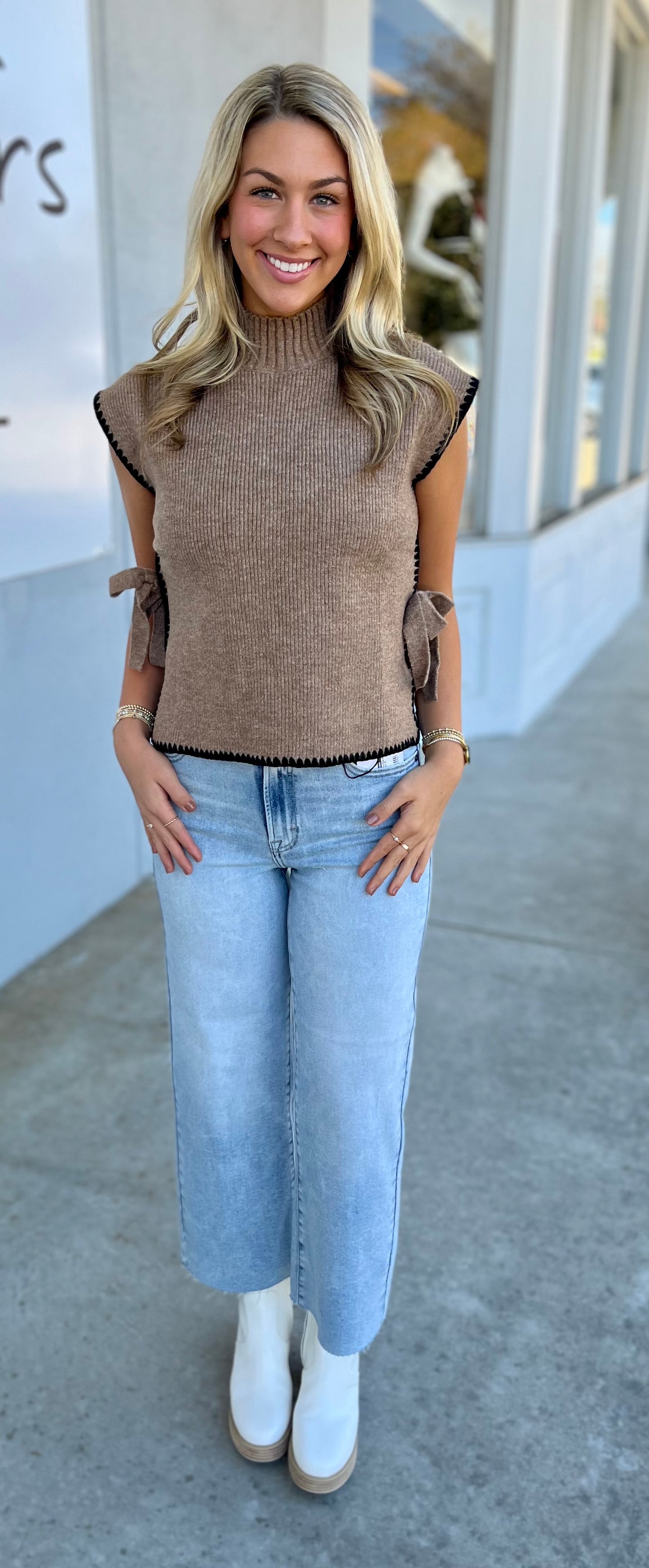 Mock Neck Stitch Side Sweater, Mocha