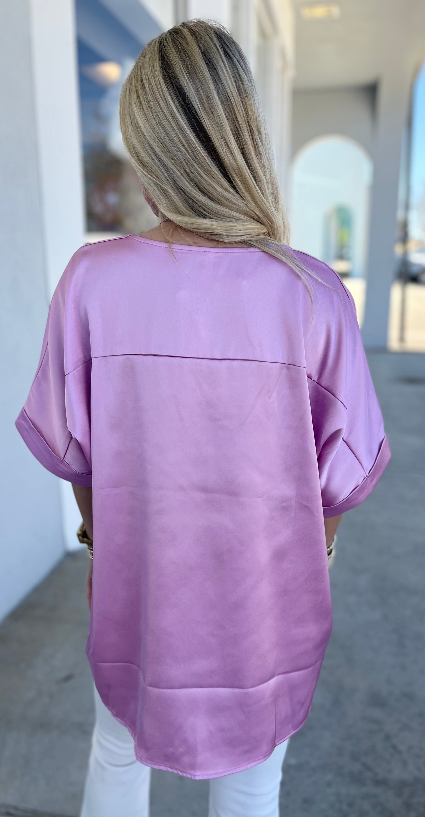 Pink V Neck Cuff Sleeve Top