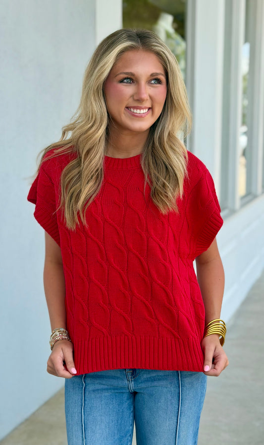 Cable Knit Cap Sleeve Sweater Top, Red