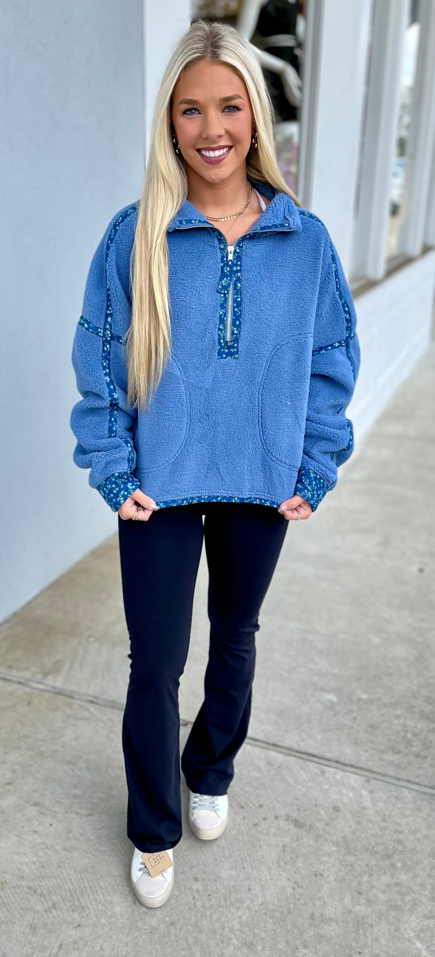 Blue Floral Printed Sherpa Jacket