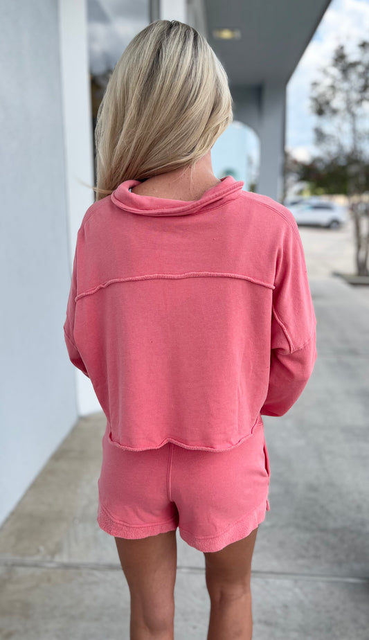 Coral Pink Cropped Henley Sweatshirt Short Set