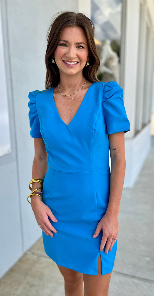 Turquoise V Neck Puff Sleeve Dress With Open Back