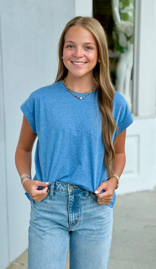 Round Neck Folded Tee, H Classic Blue