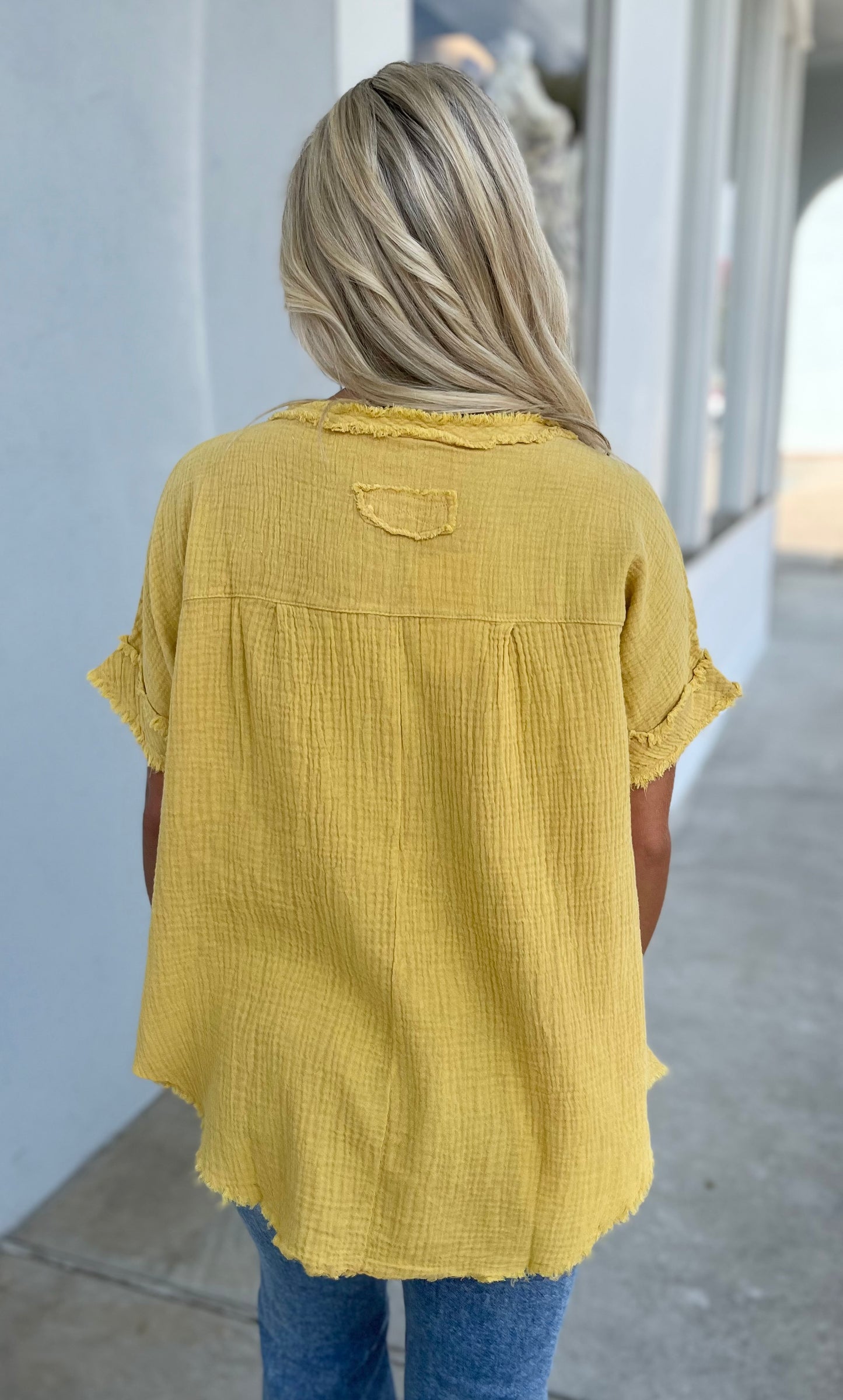 Mustard Gauze Button Top