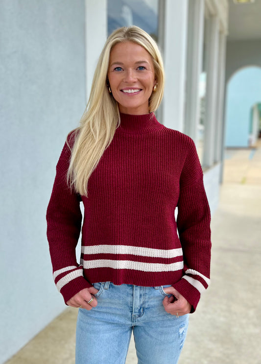 Wine Mock Neck Long Sleeve Sweater
