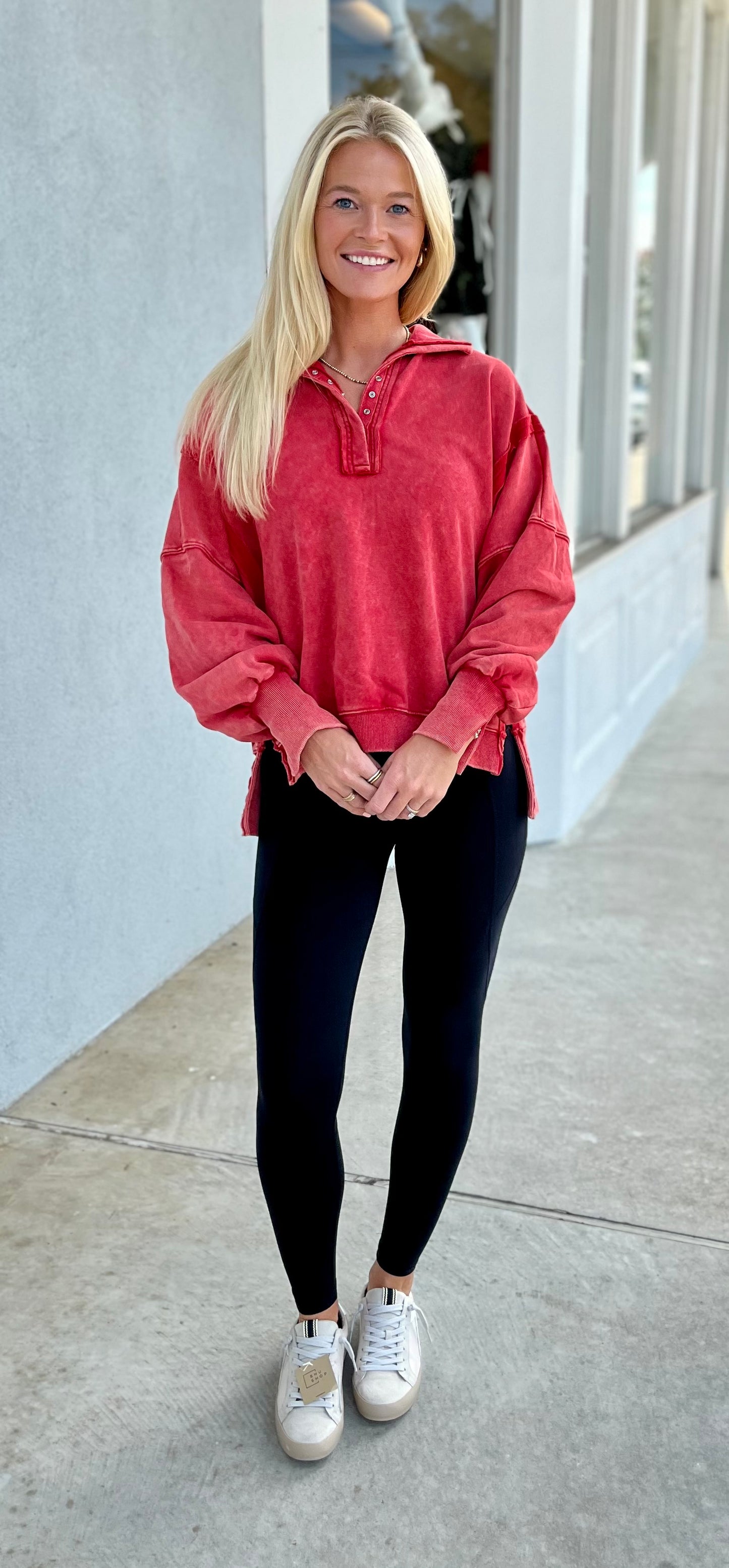 Snow Washed Long Sleeve Pullover, Red