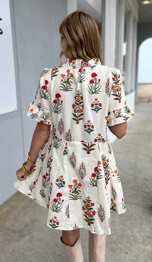 Cream Floral Dress With Buttons