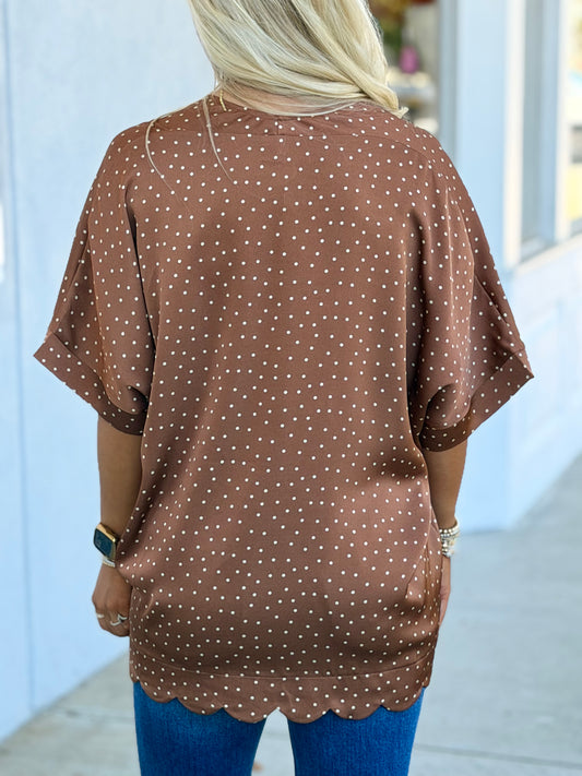 Brown Polka Dot Scalloped Top