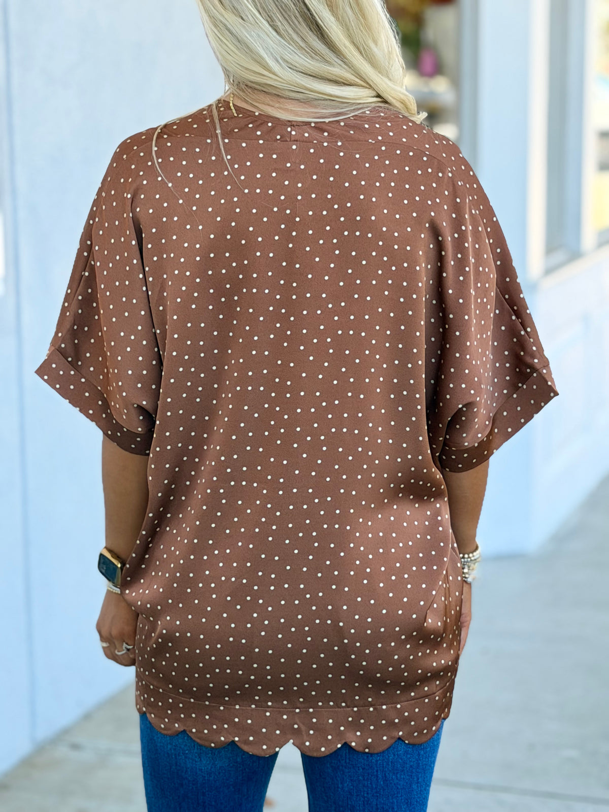 Brown Polka Dot Scalloped Top
