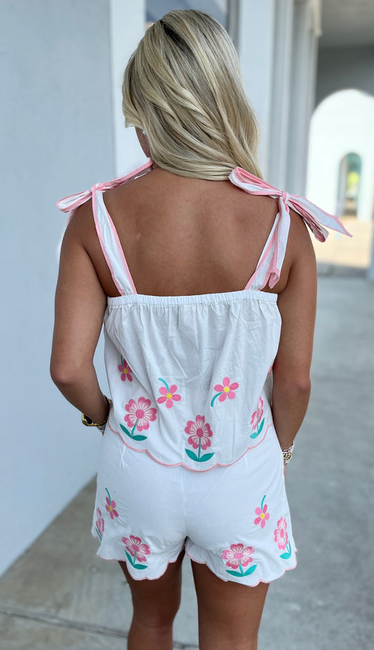 Off White Flower Embroidered Tank Top Short Set