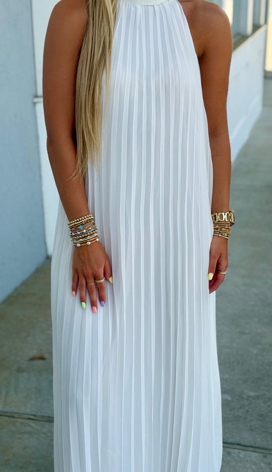 White Pleated Halter Midi Dress