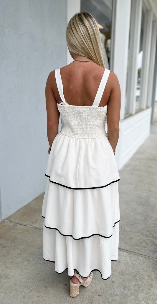 Cream/Black Midi Ruffle Dress With Bow Front