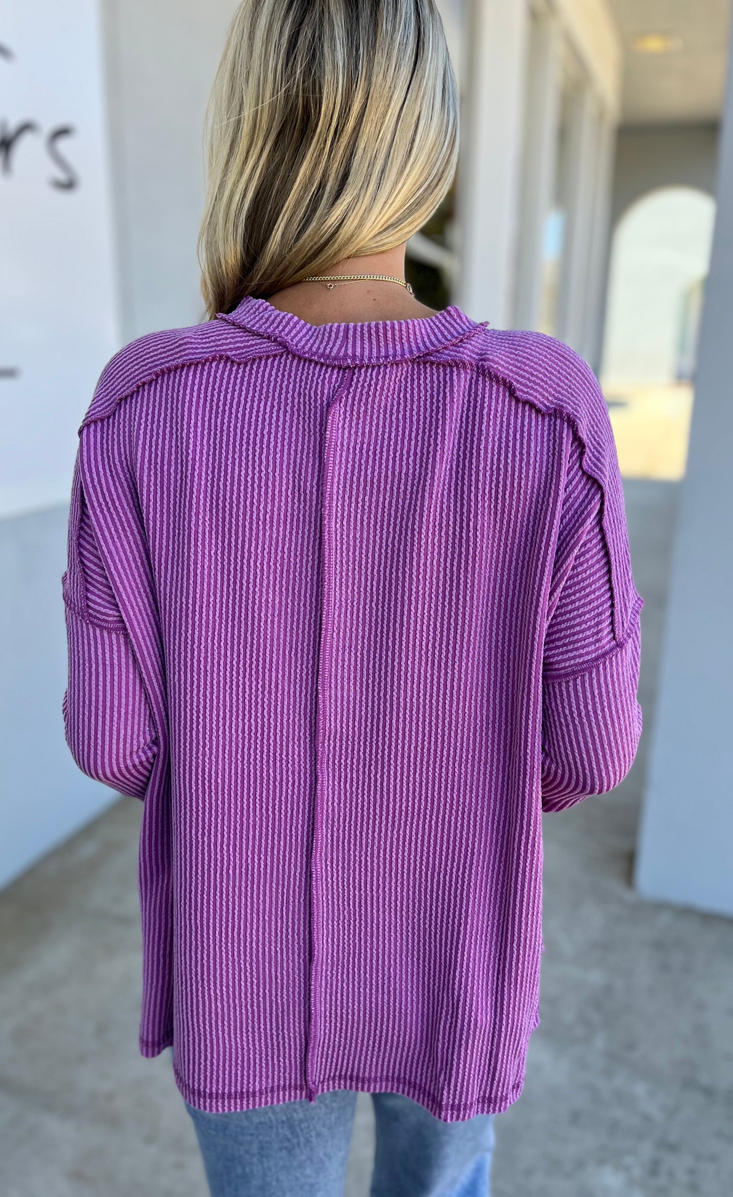 Ribbed Raw Edge Boat Neck Top, Lt Plum