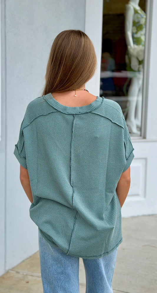 Raised Rib Hi Low V Neck Tee, Jade
