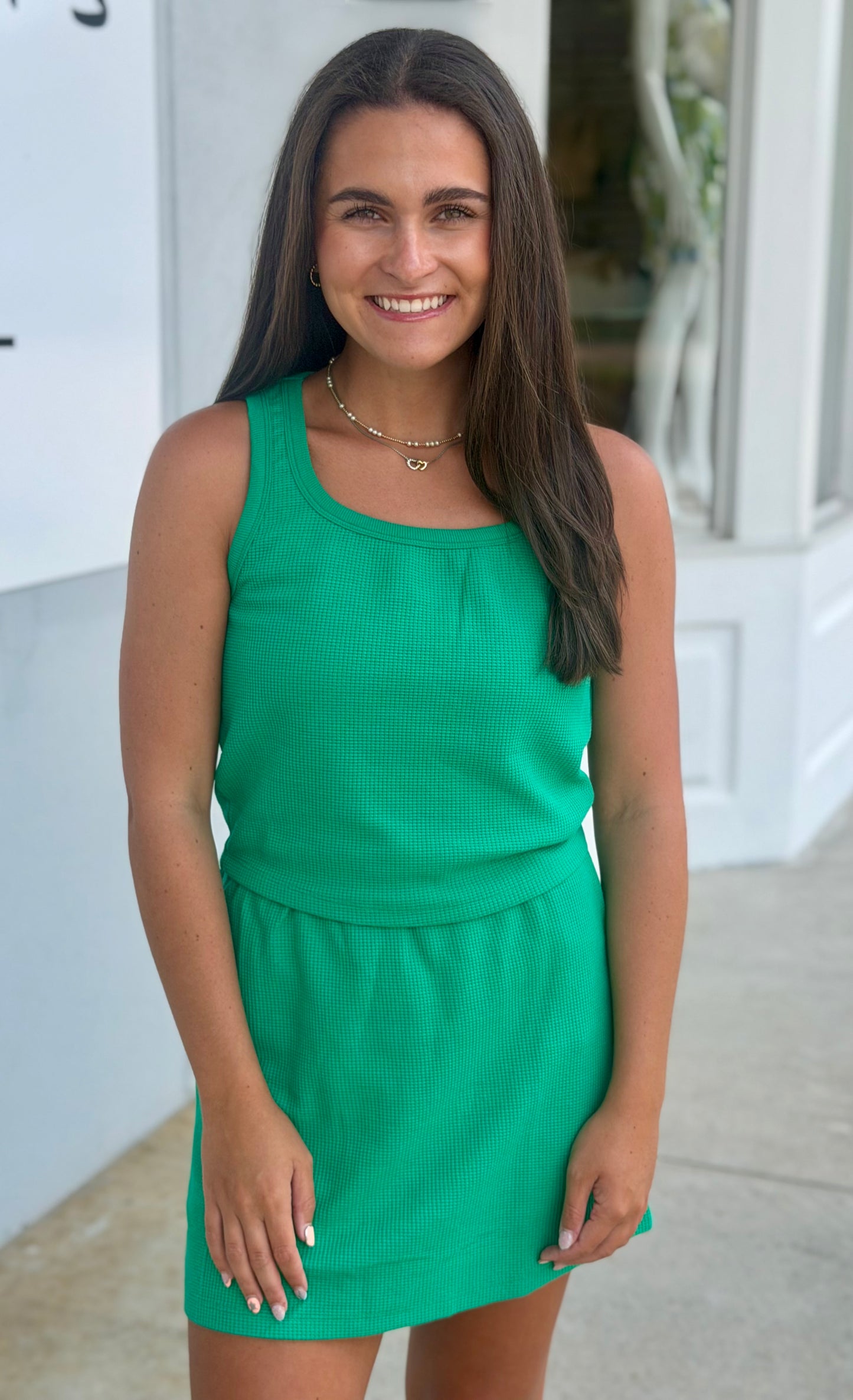 Green Waffle Knit Tank and Skirt SET