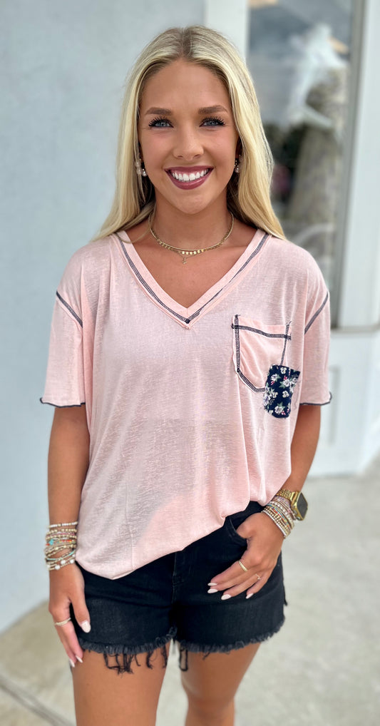 Peach Blush V Neck Pocket Knit Top