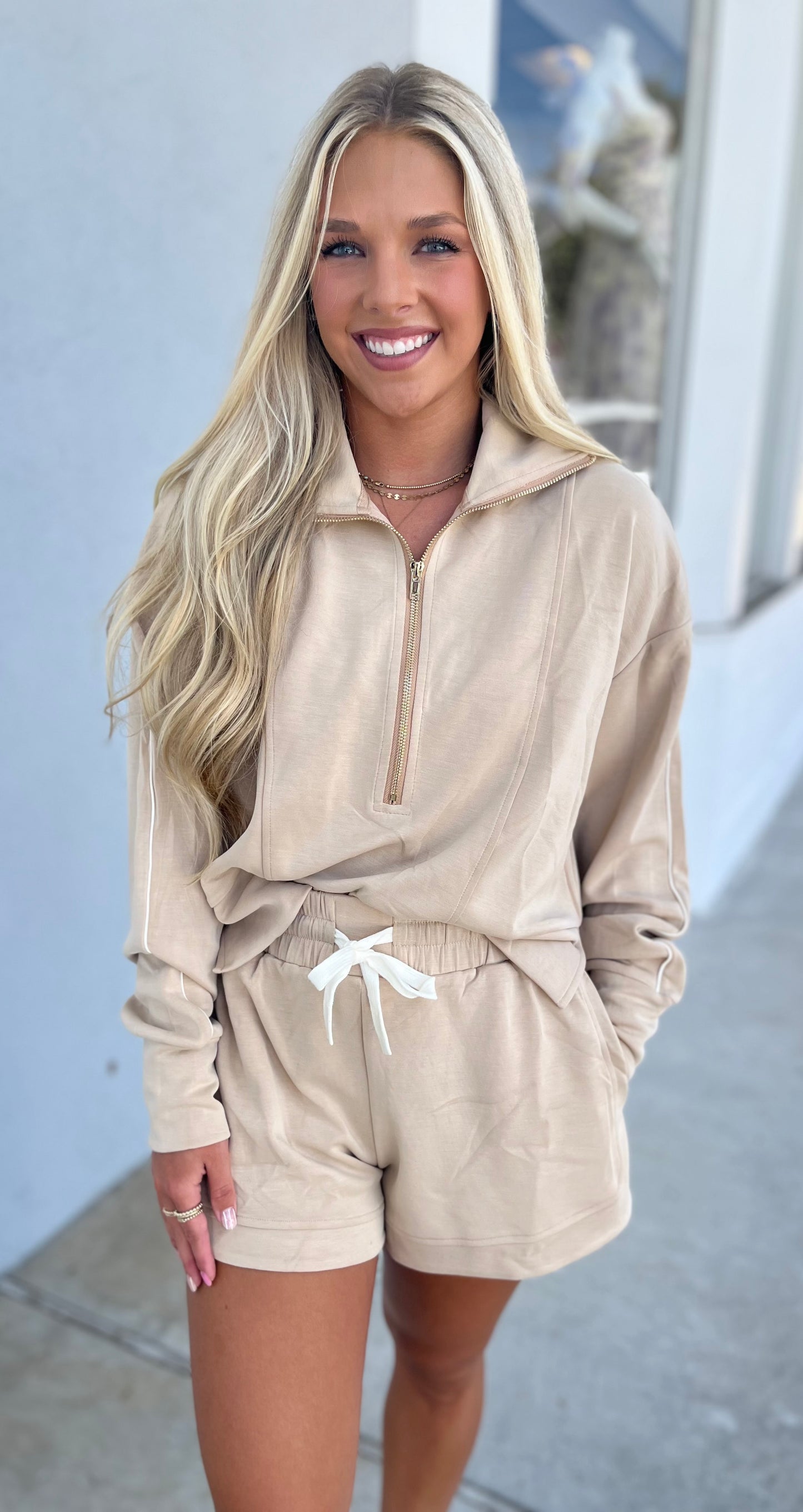 Beige Half Zip Pullover and Short SET
