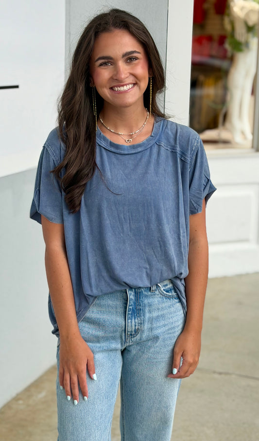 Washed Ribbed Boat Neck Top, Dusty Blue