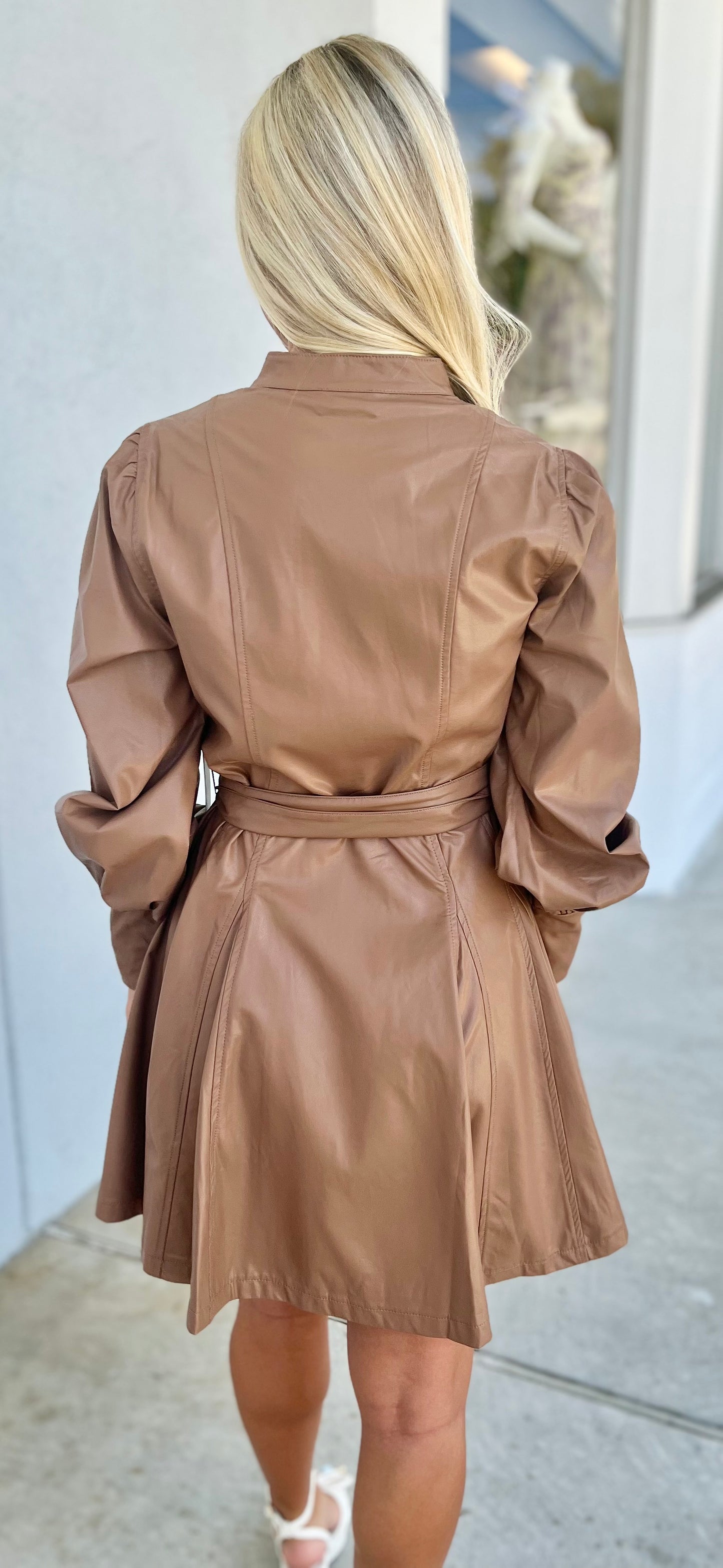 Mocha Waist Sash Faux Leather Dress