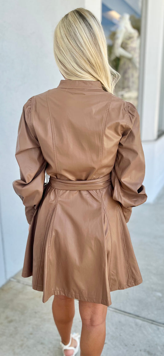 Mocha Waist Sash Faux Leather Dress