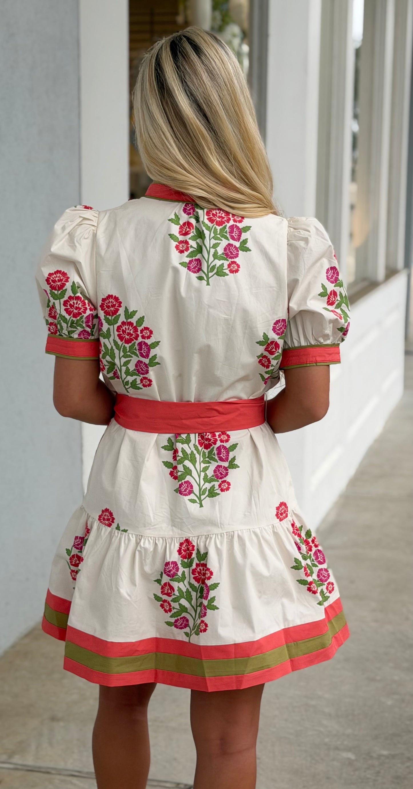 Coral Floral Print Puff Sleeve Dress
