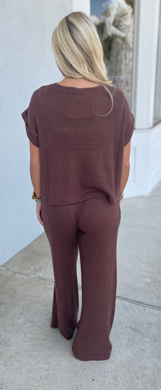 Sweater Rolled Sleeve Top & Pants SET, Brown