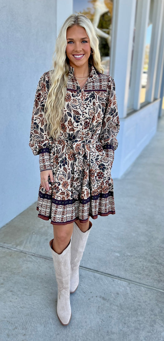 Cream Brown Tiered Pintuck Neckband Dress