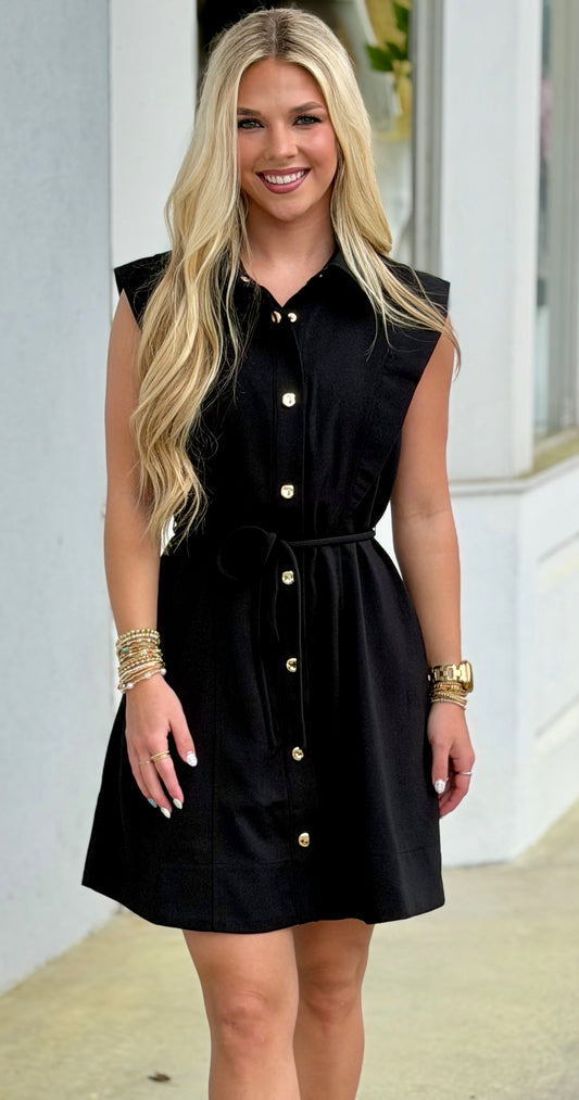 Black Button Front Belted Dress