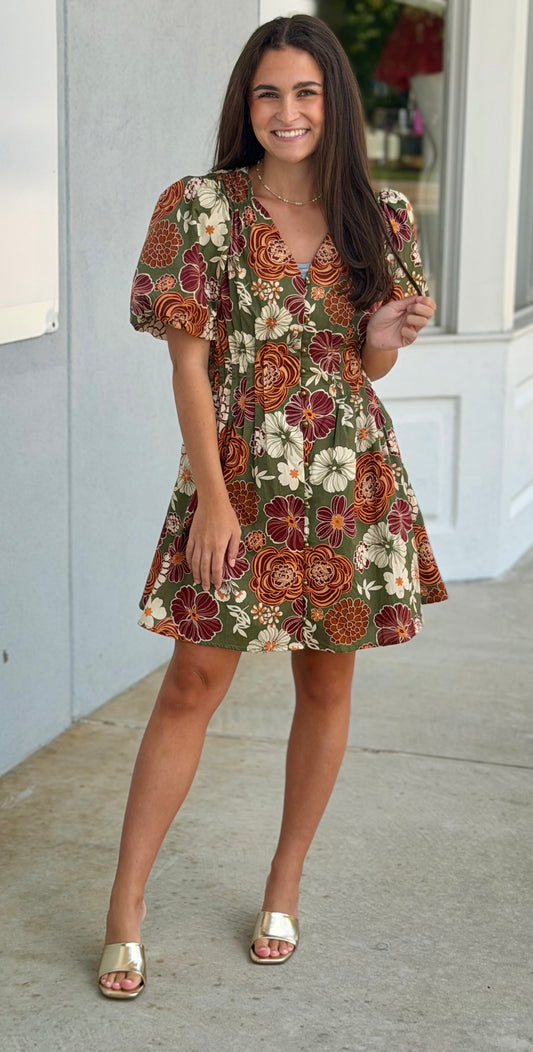 Olive Rust Floral Button Puff Sleeve Dress