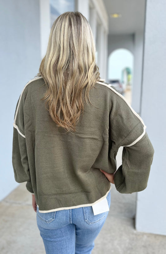 Olive Contrast Binding Half Zip Sweater
