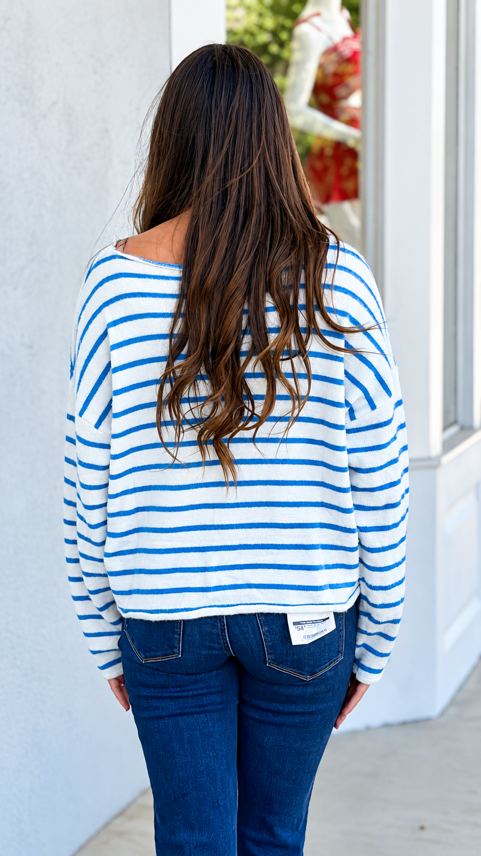 White/Sky Stripe Brushed Boatneck Sweater