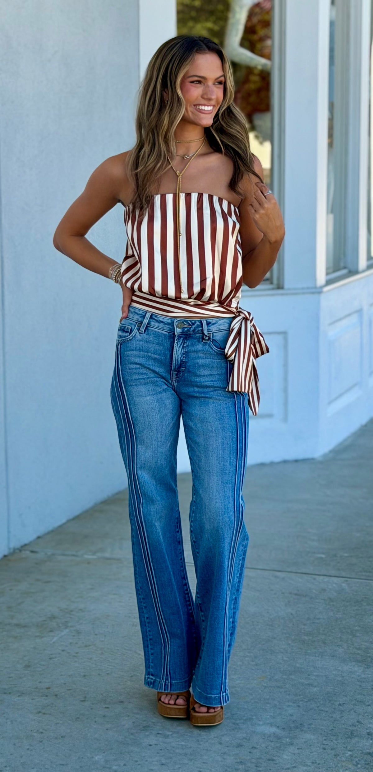 Cream/Brown Striped Satin Strapless Tie Waist TOp
