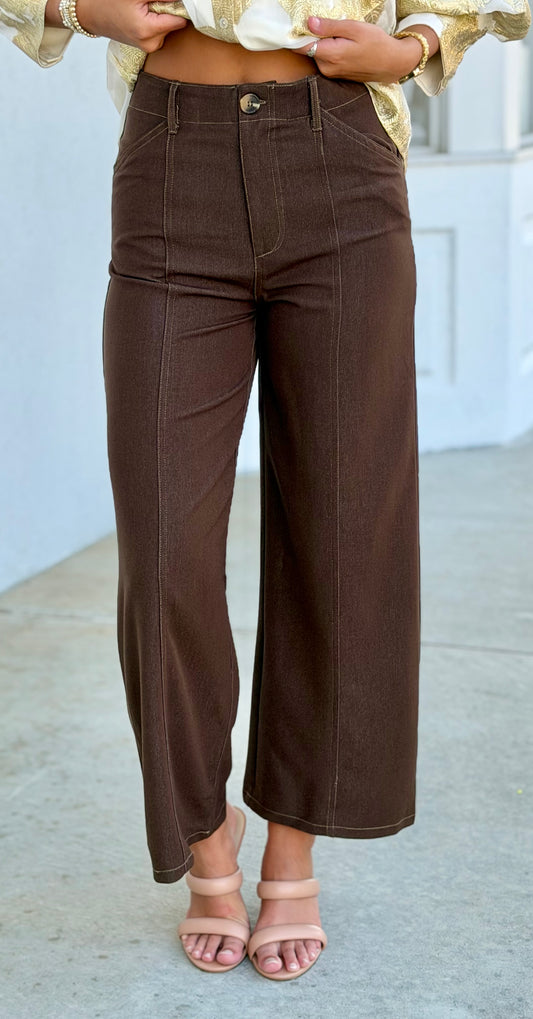 High Waist Seam Detail Stretch Pants, Brown