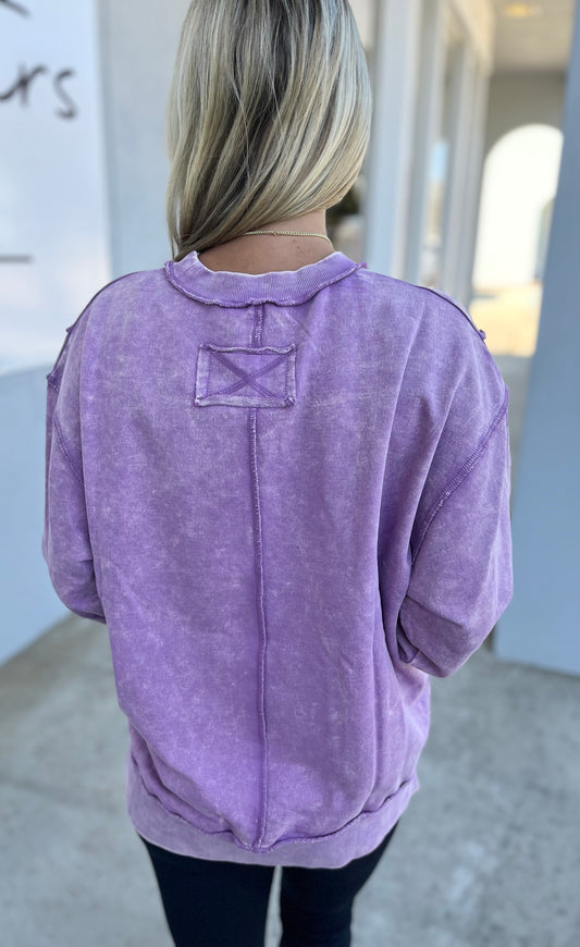 Acid Wash Exposed Seam Pullover, B Violet