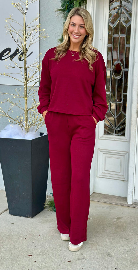 French Rib Pullover & Pants Set, Dk Burgundy