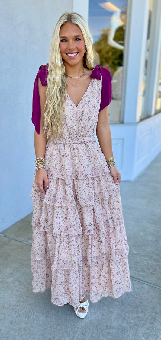 Tiered Floral Shoulder Tie Maxi Dress