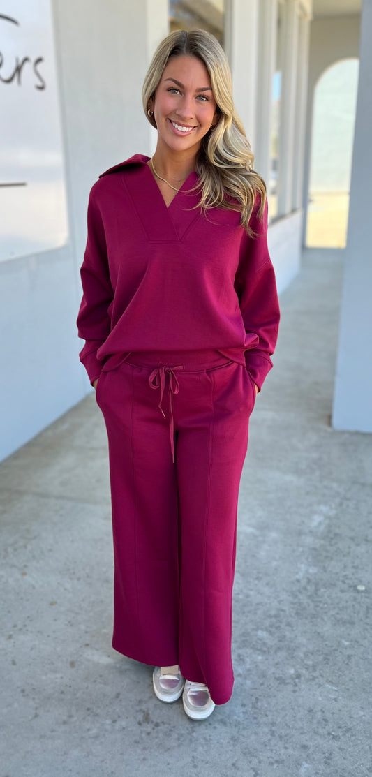 Scuba Collared Pullover & Pants SET, Cabernet