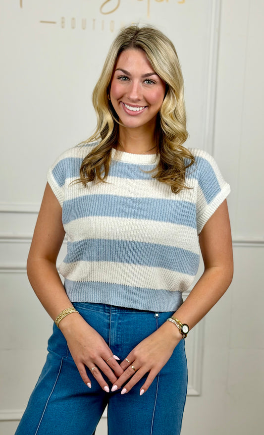 Striped Ribbed Top , Ice Blue